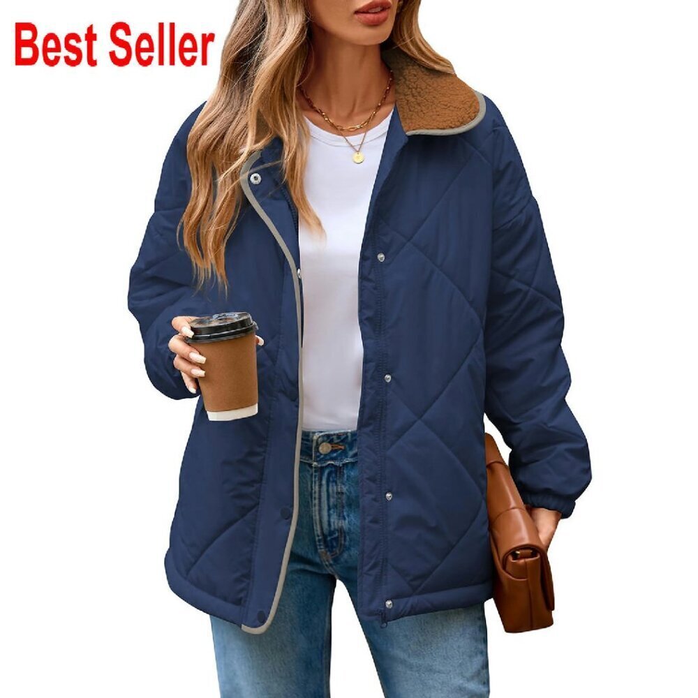 Quilted Puffer Jacket Long Sleeve Oversized Chic Winter Coat with Pockets